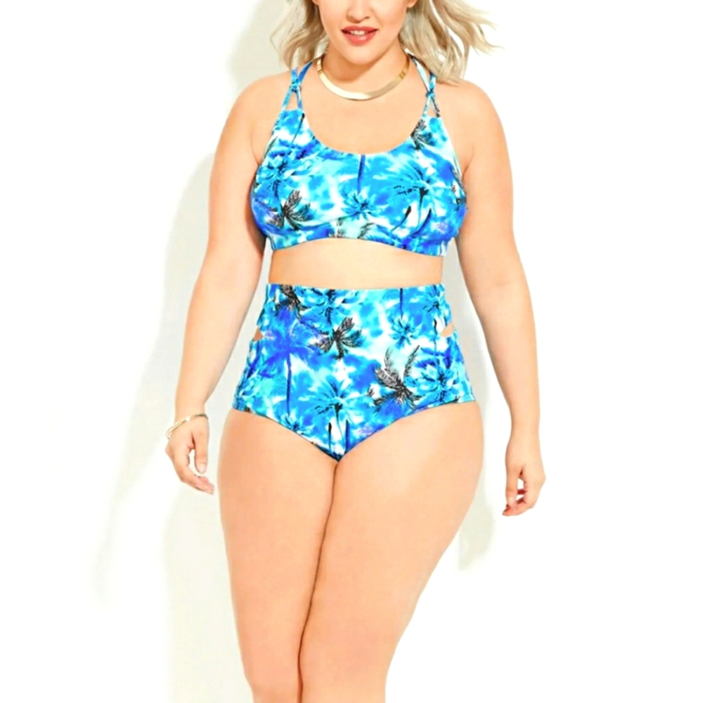 Forever 21 Plus Blue/Mint Palm Tree Print Bikini Size 3X NWT